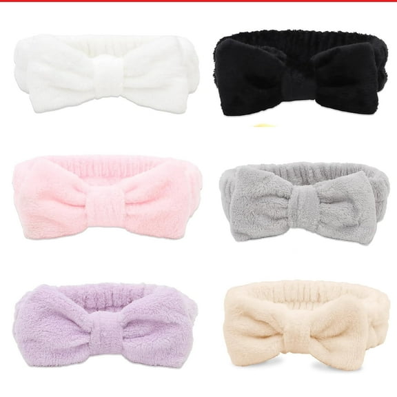 6 Pcs Spa Headbands ,Colourful Bow Coral Fleece Makeup Headband for Women Washing Face(Solid color)