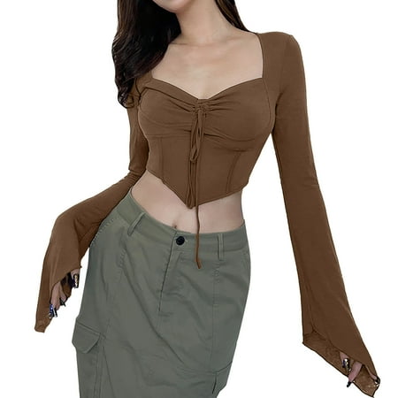 

Female T-Shirts Graphic Casual Long Sleeve Fishbone Corset Irregular Hem Slim Smocked Cropped Basic Simple Elegant Tshirts