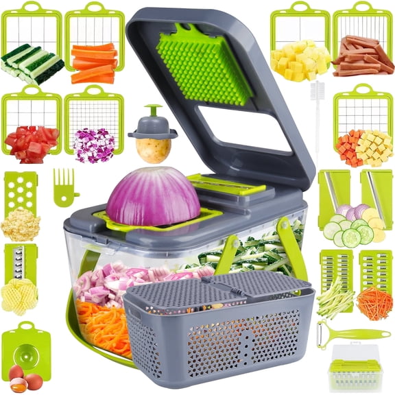 25 in 1 Vegetable Chopper,Zacenei Veggie Chopper w/Container & Drain Basket Multifunctional Food Chopper Vegetable Slicer Dicer w/ 13 Blades Onion Chopper Vegetable Cutter for Salad Garlic Carrot Egg