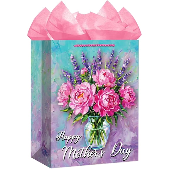 WaaHome Happy Mothers Day Gifts Bag 11.5'' Paper Gift Bags with Handles for Mother's Day Presents Peony Lavender Gift Bags for Mom Grandma Her Women