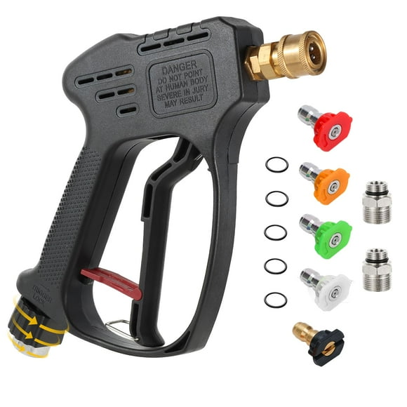 Pistola hidrolavadora corta, 5000 PSI máx. Mango giratorio de alta presión con 5 boquillas, conector giratorio M22 de 14 mm y M22 de 15 mm, varilla de extensión para lavadora de autos, pistola hidrola