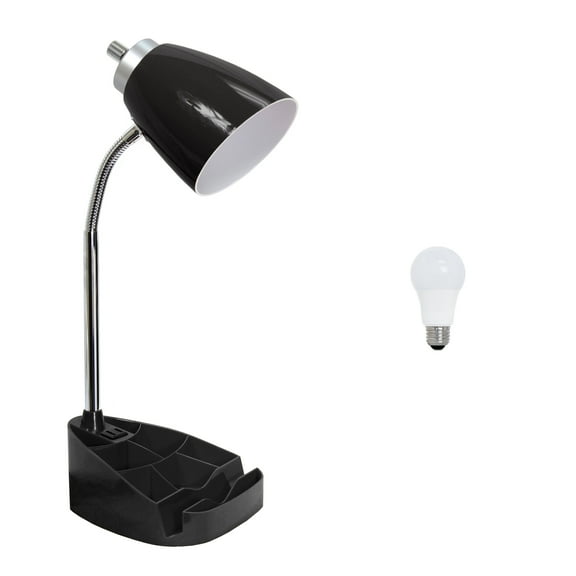 Simple Designs 18.5" Gooseneck Organizer Desk Lamp with iPad Tablet Stand Book Holder and Charging Outlet, with LED Bulb, Black