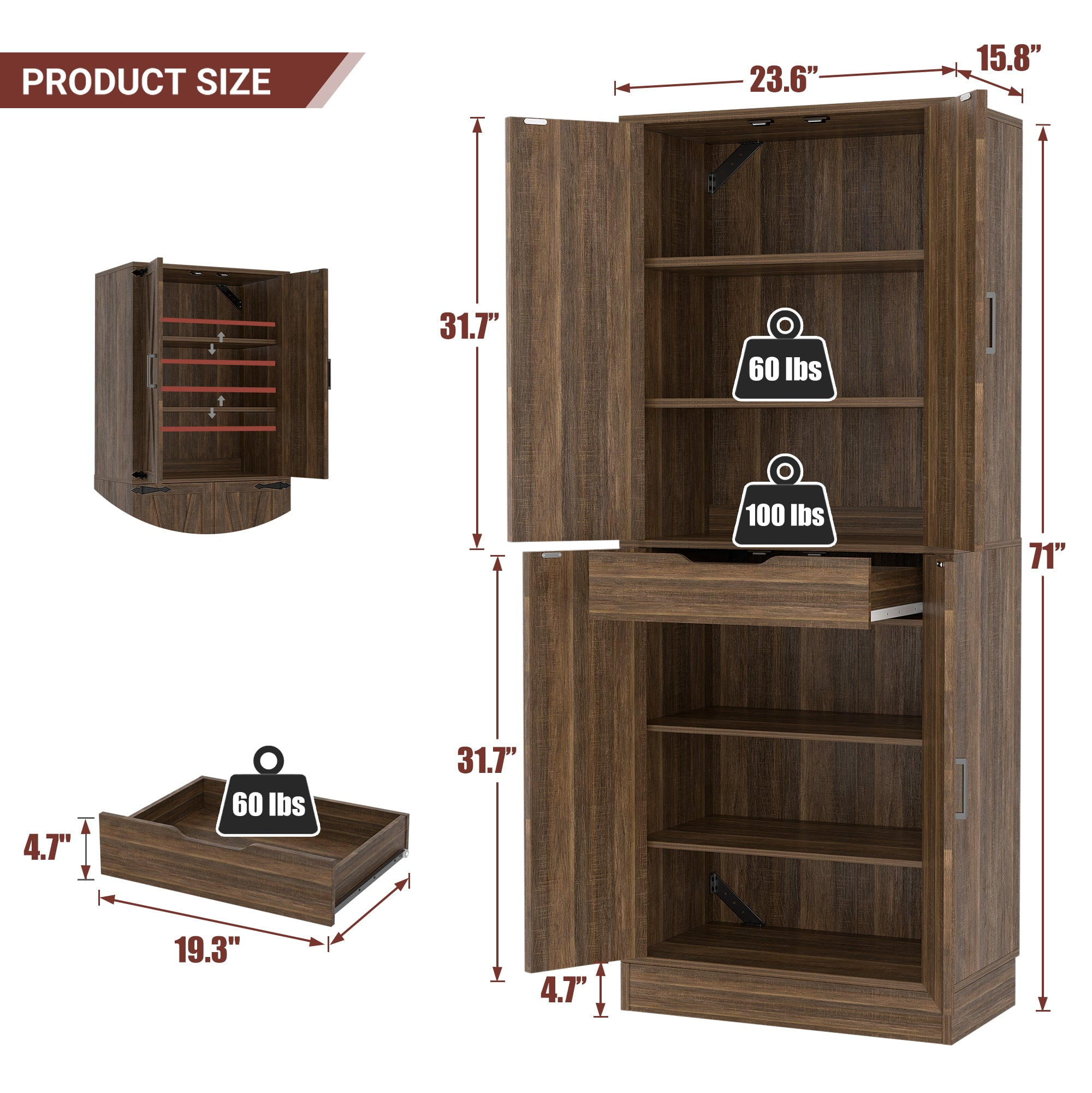 Homieasy 71'' Tall Farmhouse Pantry Cabinet with Drawer, 4-Door Pantry with Adjustable Shelves for Dining, Kitchen, Retro Brown