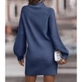 thumbnail image 4 of Vestido suéter ajustado Manga larga linterna Cuello alto Color puro Mini vestido suéter acanalado para mujer Azul M, 4 of 6