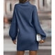 thumbnail image 4 of Vestido suéter ajustado Manga larga linterna Cuello alto Color puro Mini vestido suéter acanalado para mujer Azul L, 4 of 6