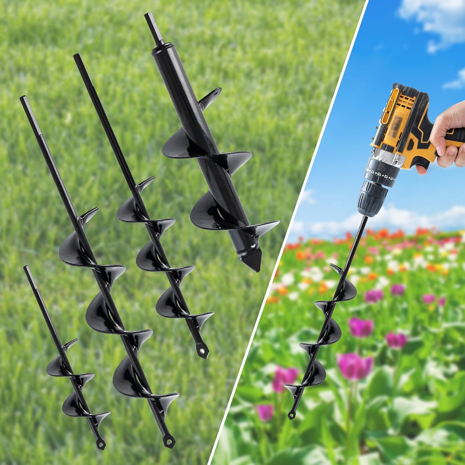 VASGOR Set of 4 (1.6x9", 2x14.5", 2.6x16.5", 3x12") Auger Drill Bit for Planting - Easy planter garden Auger - Bulb & Bedding Plant Augers - Posthole Digger for 3/8” Hex Drive Drill