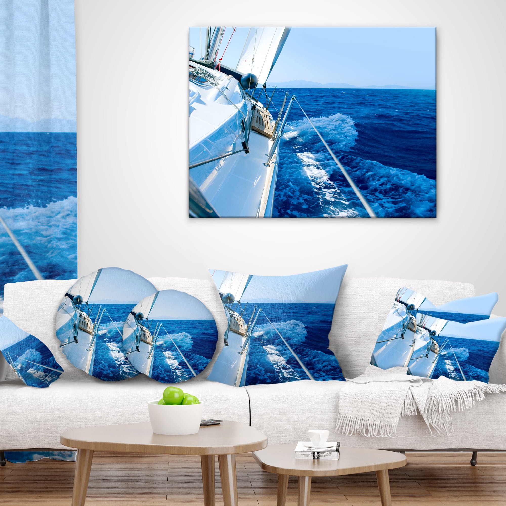 Designart Tourism Yacht Sailing in Blue Sea - Seashore Throw Pillow - 12x20