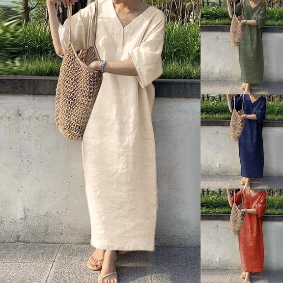 YuXingFu Summer Dresses for Women 2026 Midi Maxi V-Neck Plus Size Womens Dress Short Sleeve for Beach Long Casual Summer Khaki S