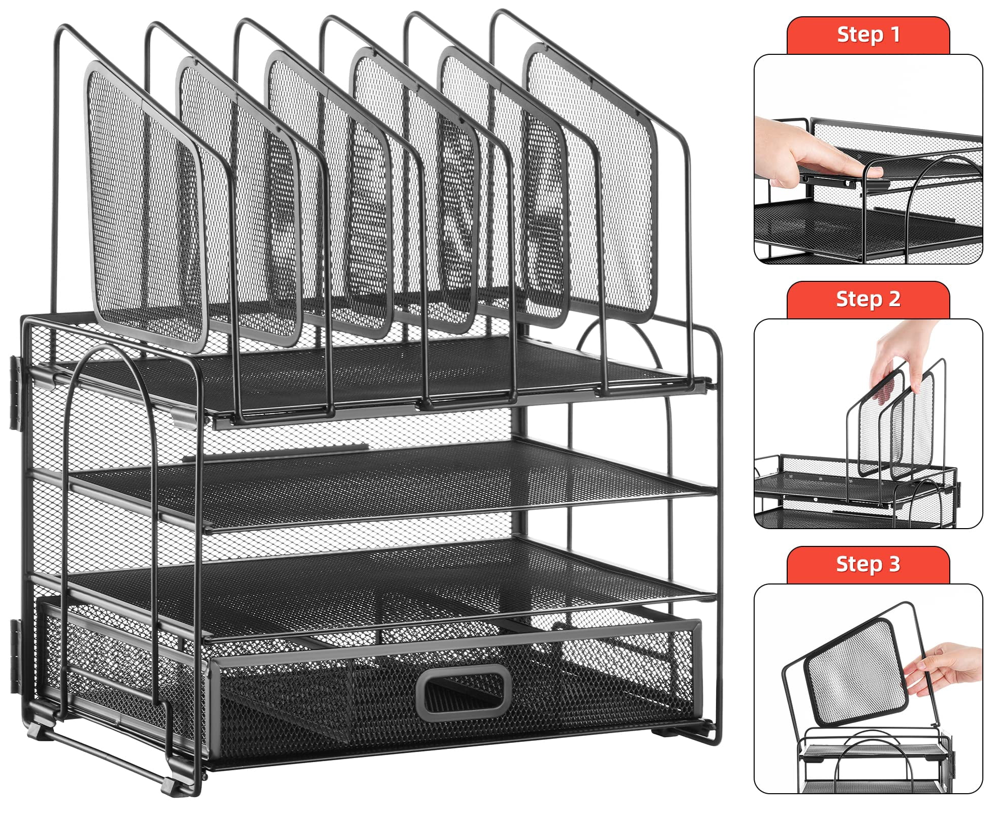 Desk Organizer With Drawer  4-tier Mesh File 5 Vertical Holders And 2 Pen Multifunction Desktop Organizers Accessories For Home Office