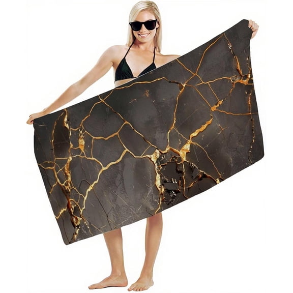 Verolix Black Gold Marble Beach Towel 28 x 56 Inch Towelcloth Quick Dry Lightweight Bath Towel for Beach Pool Travel Spa Camping Vacation