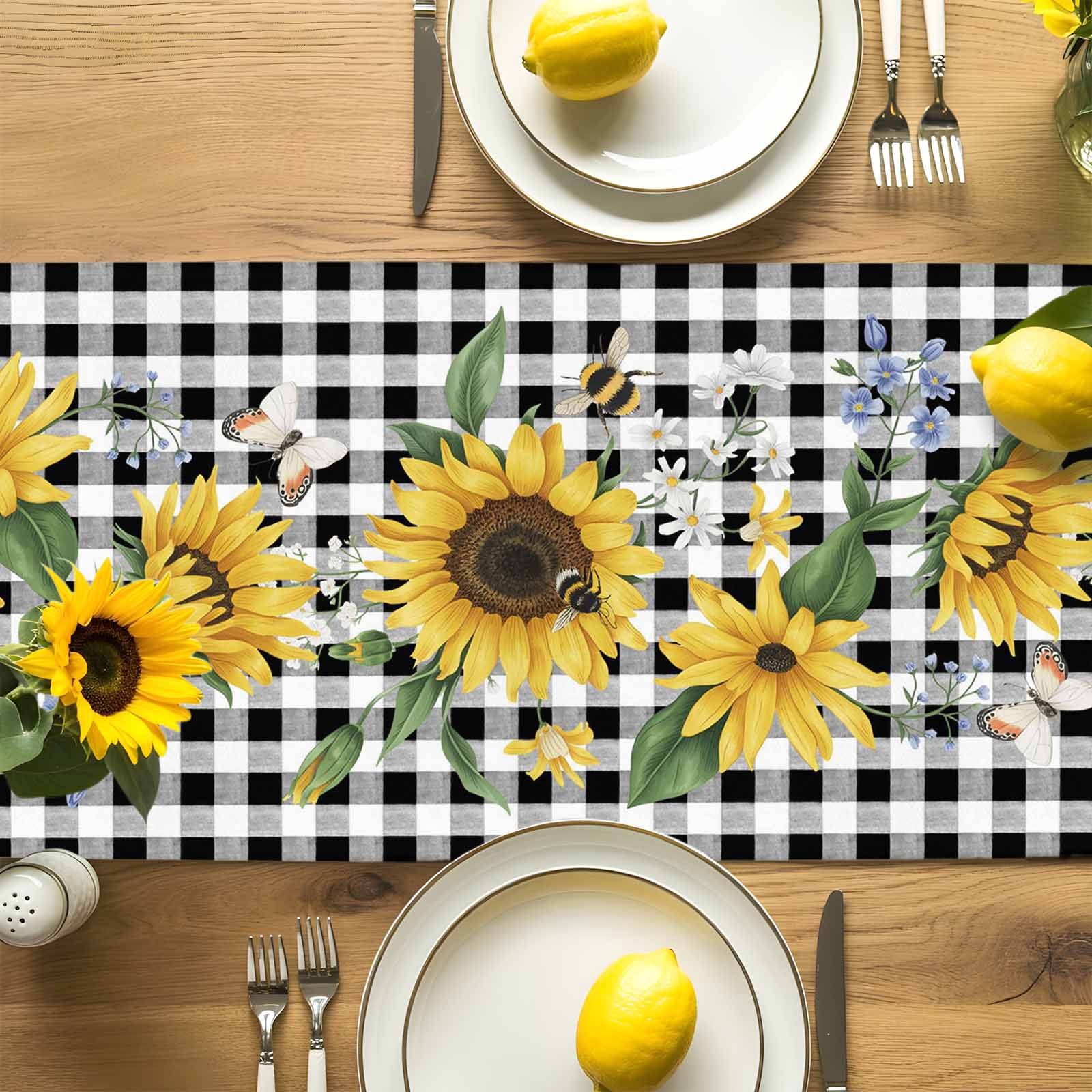 Yellow Sunflower Green Leaf Black Buffalo Plaid Table Runner 90 Inches Long, Farm Watercolor Plant Table Runners Tabletop Scarf Kitchen Dining Tables Decoration for Home Party Indoor Outdoor
