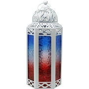 ZMNEW Moroccan Decorative Candle Lantern Holder, Red/White/Blue Glass, Medium
