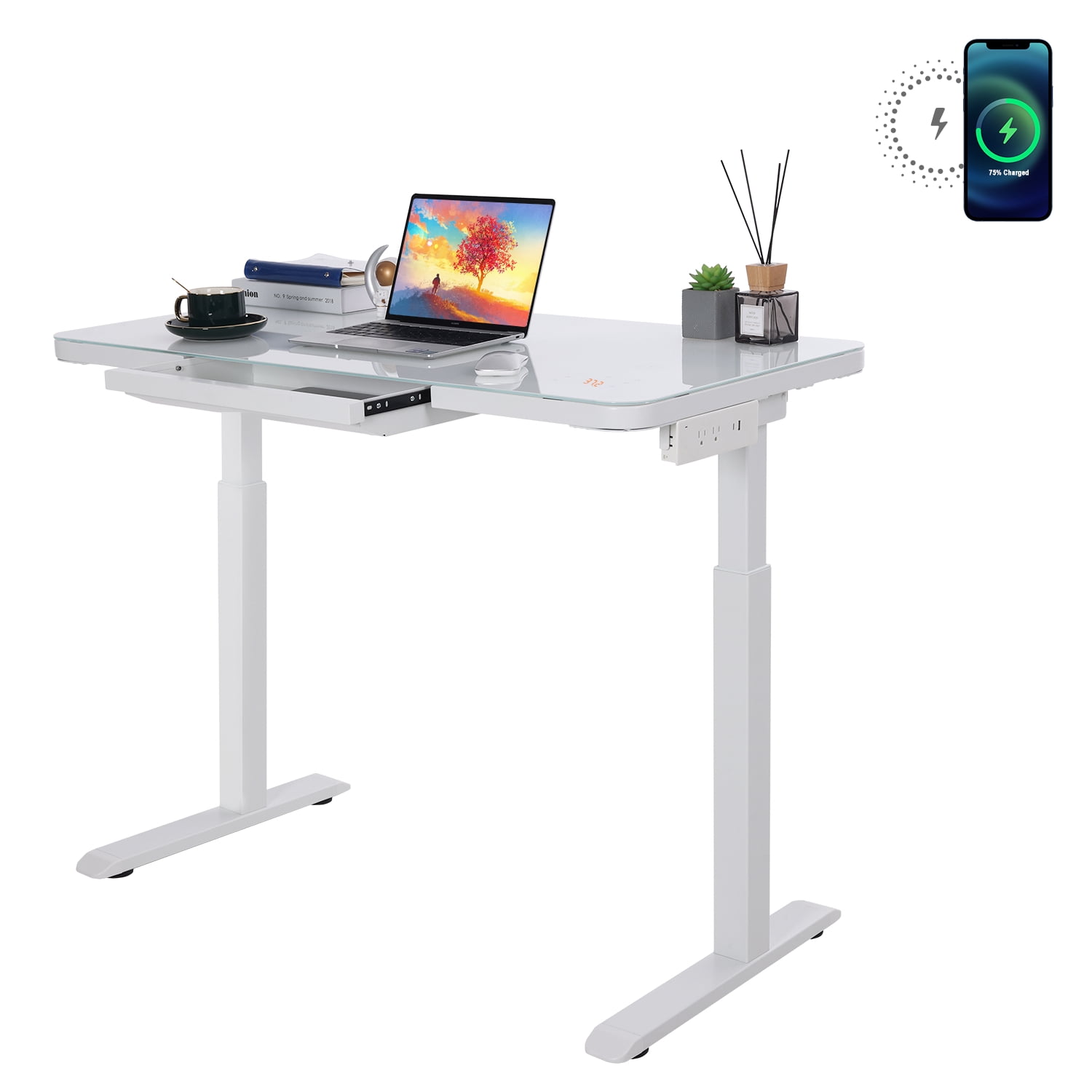 Urban Deco Electric Standing Desk With Drawer 45x24 Adjustable Height Desk With Wireless Charging Upgrade Ergonomic Glass Stand Up Desk With Memory Touch Control Panel Power Strip And Usb Port Walmart Com