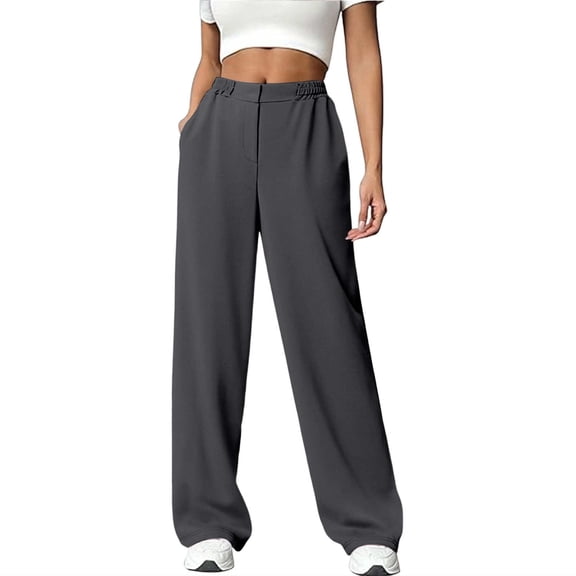Women's High Waisted Wide Leg Sweatpants Elastic Smocked Waist Baggy Lounge Joggers with Pockets for Casual Streetwear Gym,Dark Gray,L