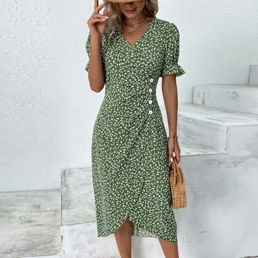 BEBUTTON Womens Summer Casual Floral Printed Asymmetrical Dresses V-Neck Midi Puff Sleeve Dresses Green 3XL