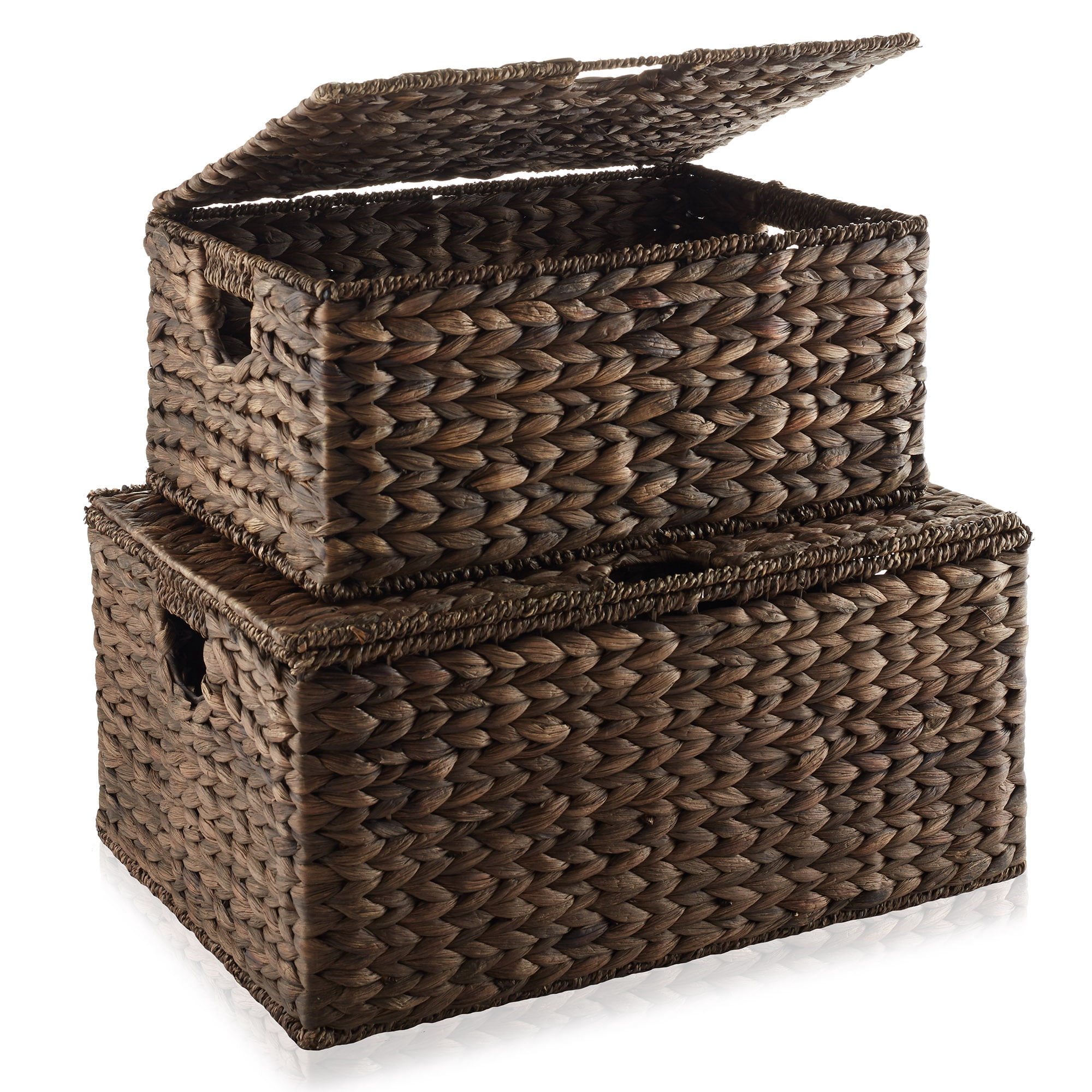 Casafield Set of 2 Water Hyacinth Storage Baskets (Medium/Large),  Multipurpose Organizer Rectangular Totes with Removable Lids
