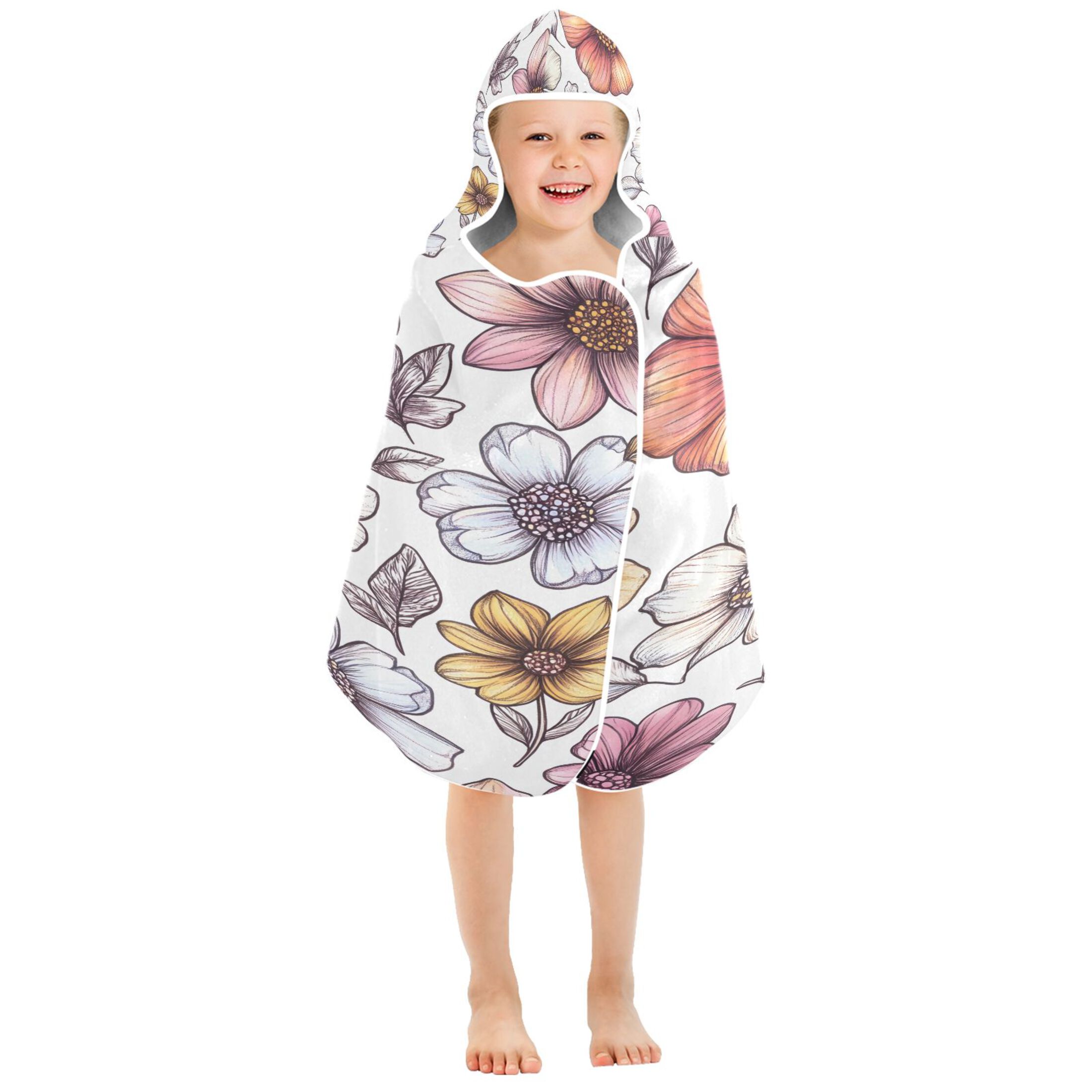 Colorful Flowers 50x23.5" Baby Hooded Bath Towel Poncho, Quick-Dry and Triangle Pocket, Kids' Essential