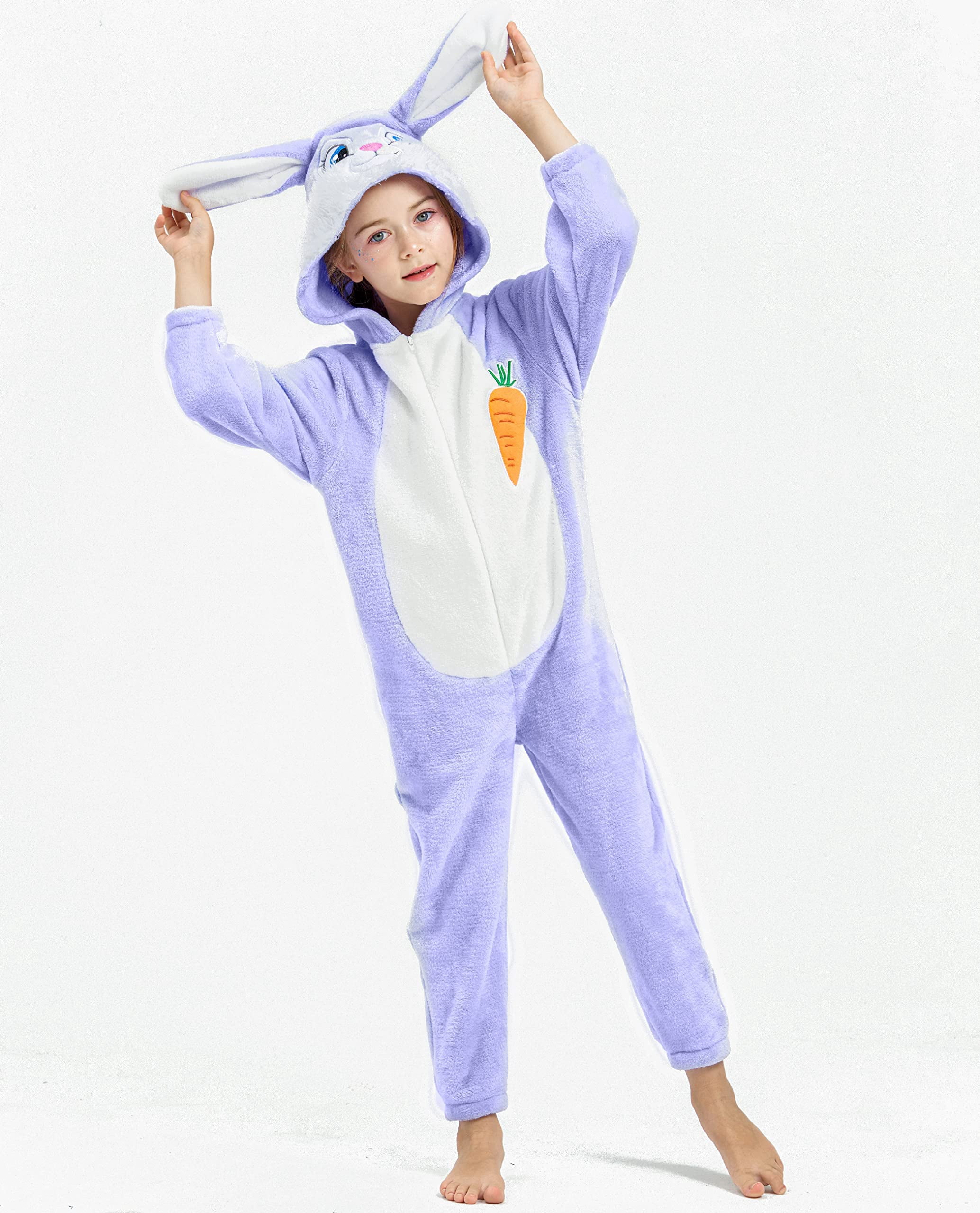 Easter Bunny Costume Purple Onesie Jumpsuit for Children Girls, Hooded Animal Romper Flannel Pajamas 3-12Years