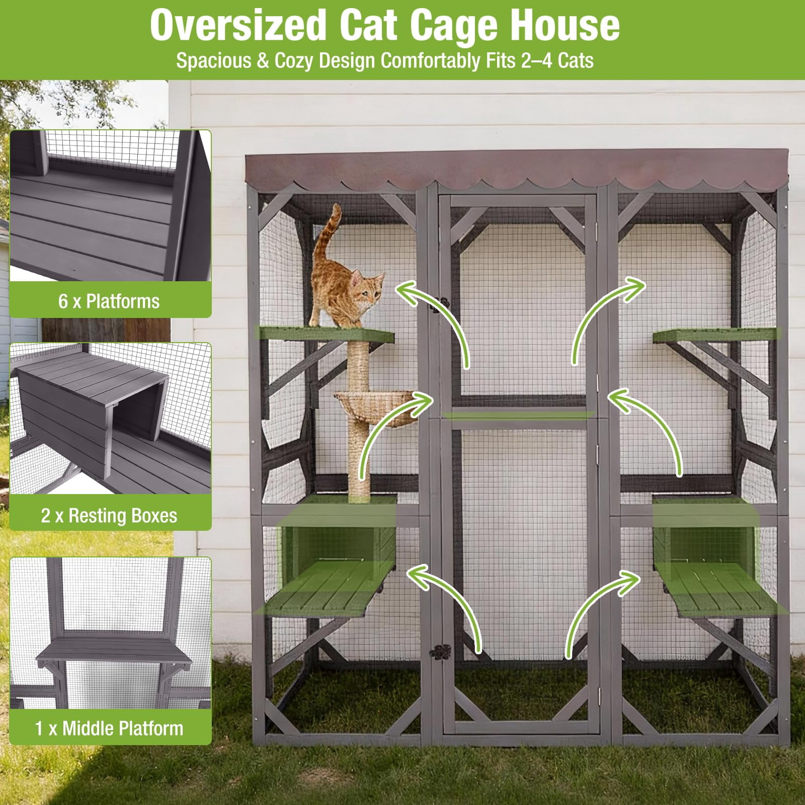 MEDEHOO Catio Outdoor Cat Enclosure - 70" Large Wooden Cat House with 5 Platforms, 2 Napping Boxes & Weatherproof Asphalt Roof, Walk-in Kitty Condo for Multiple Cats