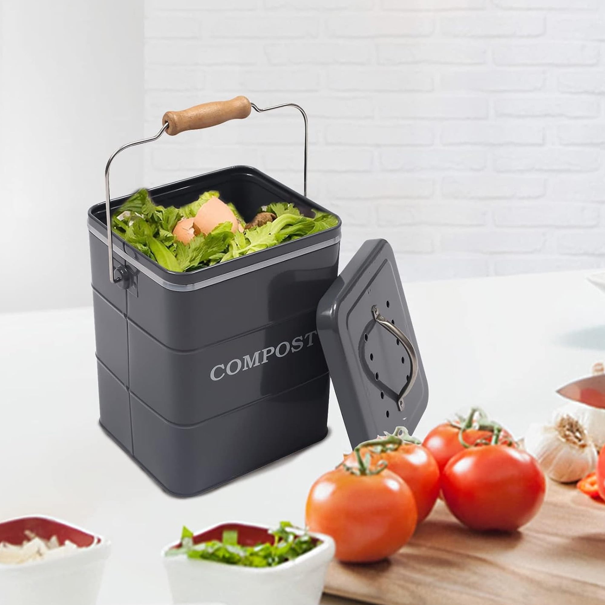 Pethiy Kitchen Compost Bin, 1 Gallon Countertop Compost Bin with Lid, Indoor Compost Bucket Includes Charcoal Filter, Small Compost Bin with Carbon Steel, Handles, Recycle Bin for Food Was