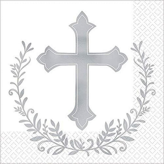 Religious Silver Foiled Cross Small Napkins 3-ply (16ct)