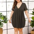 thumbnail image 4 of Vestido liso con cuello en V, dobladillo plisado suelto, manga corta, cómodo camisón para el hogar diario, 4 of 7