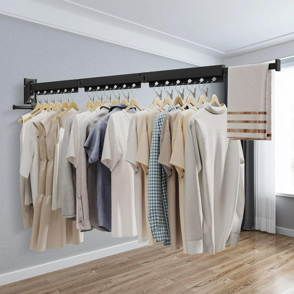 Wall Mounted Clothes Hanger, Aluminum Clothes Drying Rack, Space Saver, Retractable, Windproof Holes, with Clips