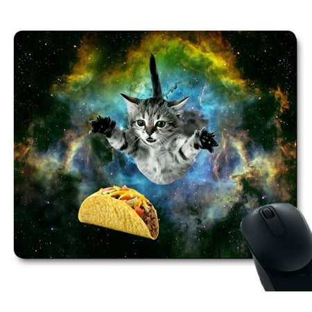 POPCreation Curious Cat Flying Through Space Reaching for a Taco in Galaxy Space Hilarious Mouse pads Gaming Mouse Pad 9.84x7.87