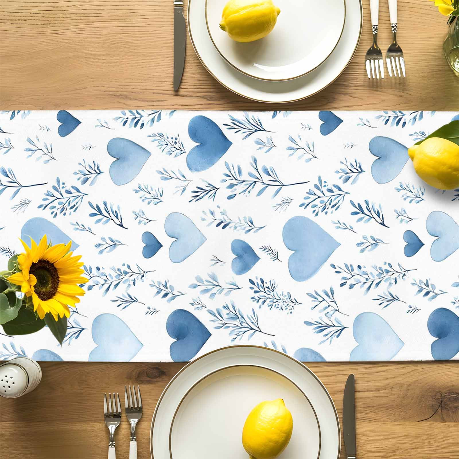 Valentine's Day Table Runner, Watercolor Blue Love Heart Leaf Washable Kitchen Table Runners Dress Scarves for Dining Table Decorations Party, 13x108in
