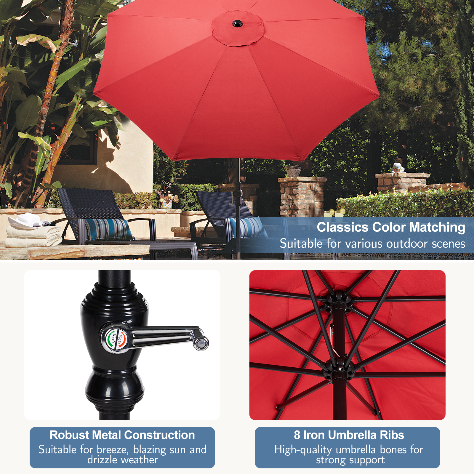 edx 9ft Outdoor Market Umbrella with Crank and Tilt, Red photo 3