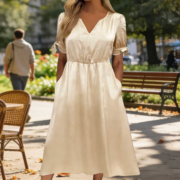 Women's Short Sleeve Dresses with Pockets Plus Size Multi-Color Satin Zipper V-Neck Dress