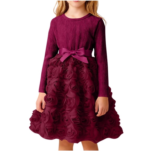 Girls Party Dress Wine Long Sleeve with 3D Roses | Princess & Flower Girl Dress for Kids Ages 2-8,Size 7-8 T