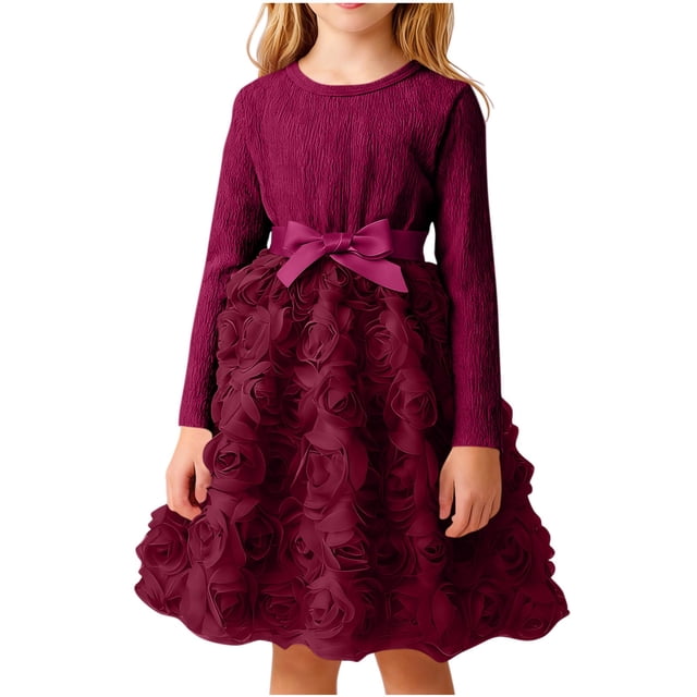 SBYOJLPB Robe à Col Rond pour Enfants Couleur Unie Robe à Manches Longues Jupe Décontractée et Confortable avec Nœud en Maille pour Filles