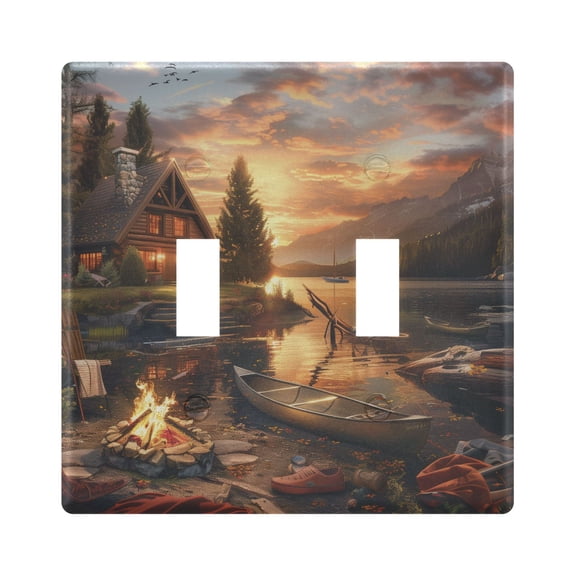 2 Gang Light Switch Cover Plate Lake House Campfire Boat Wall Plate Decorate Electrical Outlet Cover Plates 4.56”x4.48”