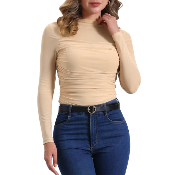 INSPIRAR CHIC Top de Malla para Mujer de Manga Larga Sólido con Cuello Alto Panel Transparente y Fruncido L Melocotones