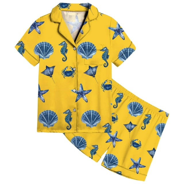 Girls Satin Pajama Set With Ocean Print Design Soft Comfortable Loungewear For Toddler To Teen Year Round Wear