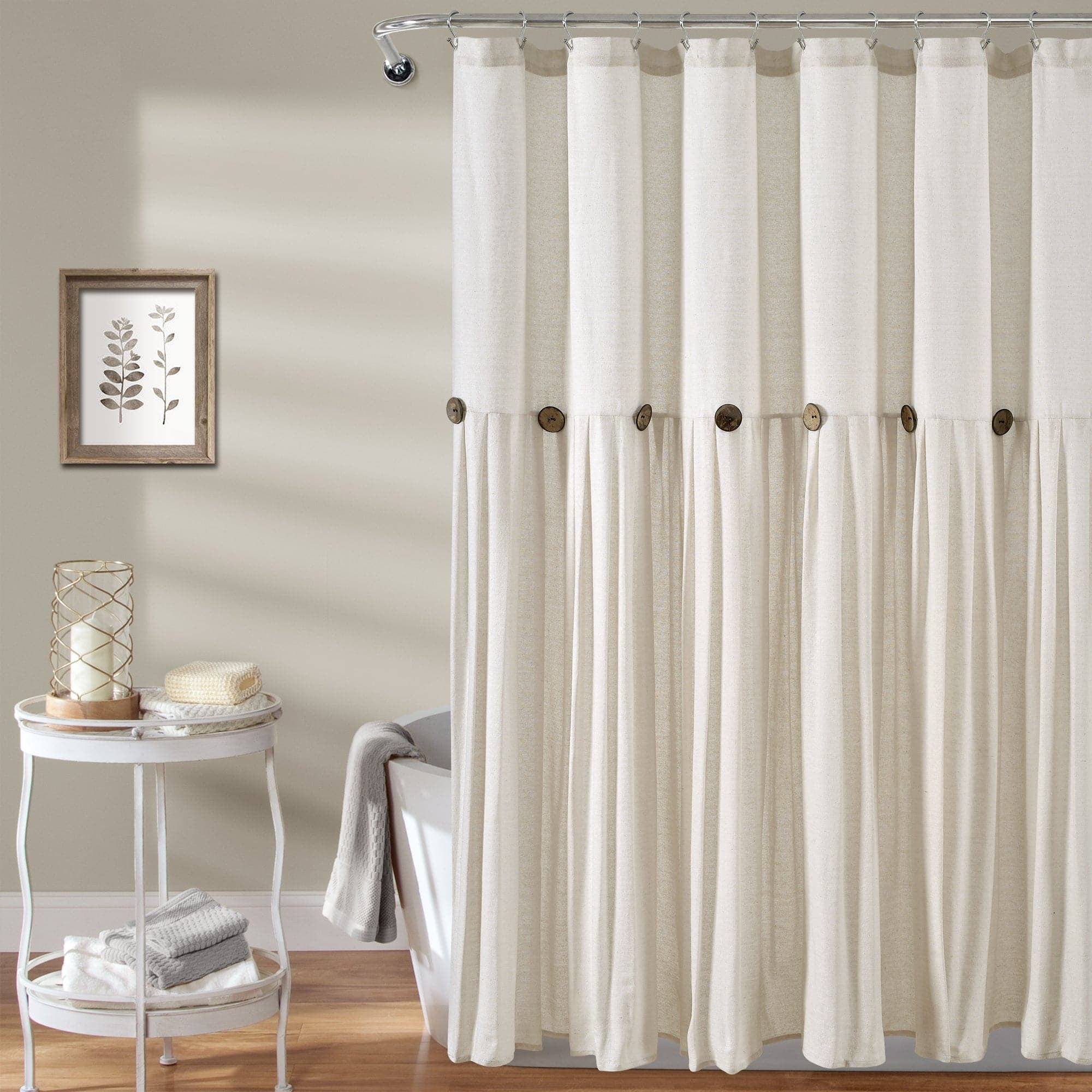 Lush Decor Linen Button Farmhouse Chic Solid Color with Pleats and Button Embellishments Cotton Blend Shower Curtain, Dark Linen, 72"L x 72"W, Single
