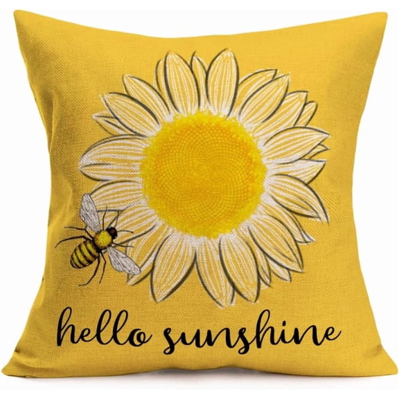 Hello Sunshine Summer Decorative Throw Pillow Covers Sunflower Bee Farmhouse Yellow Square Pillow Coves for Outdoor Patio Sofa Bedroom Car 20x20 Inch