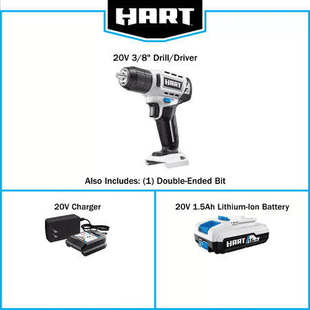 HART 20V 3/8” DRILL/DRIVER KIT WITH 250 FT-LB TORQUE, 1.5AH LITHIUM-ION BATTERY AND CHARGER