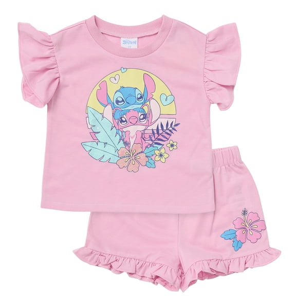 Disney Lilo Stitch Outfit Girls French Terry 2-Piece Ruffle Tee Sleeve Shorts Set Toddler, Little-Kid (Pink, 2T)