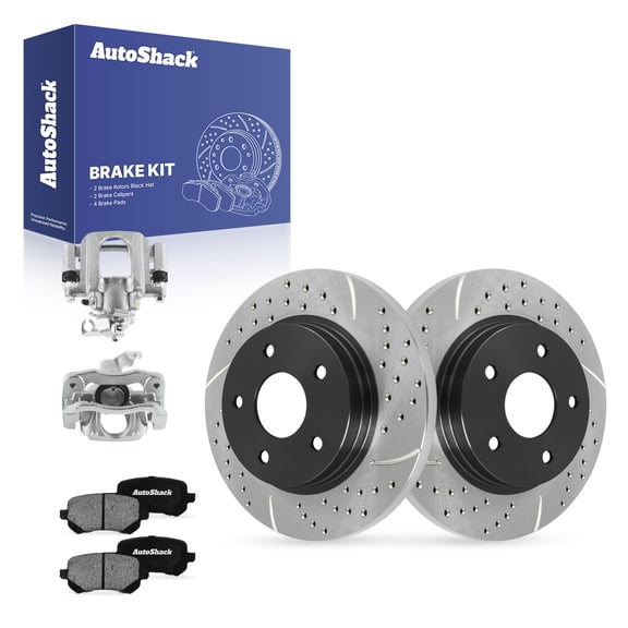 AutoShack Rear Solid Drilled & Slotted E-Coated Brake Rotors   Ceramic Pads   Calipers 8-PC Brake Kit Replacement for 2008-2011 Dodge Grand Caravan ShadowGuard 12" (304.9 mm)