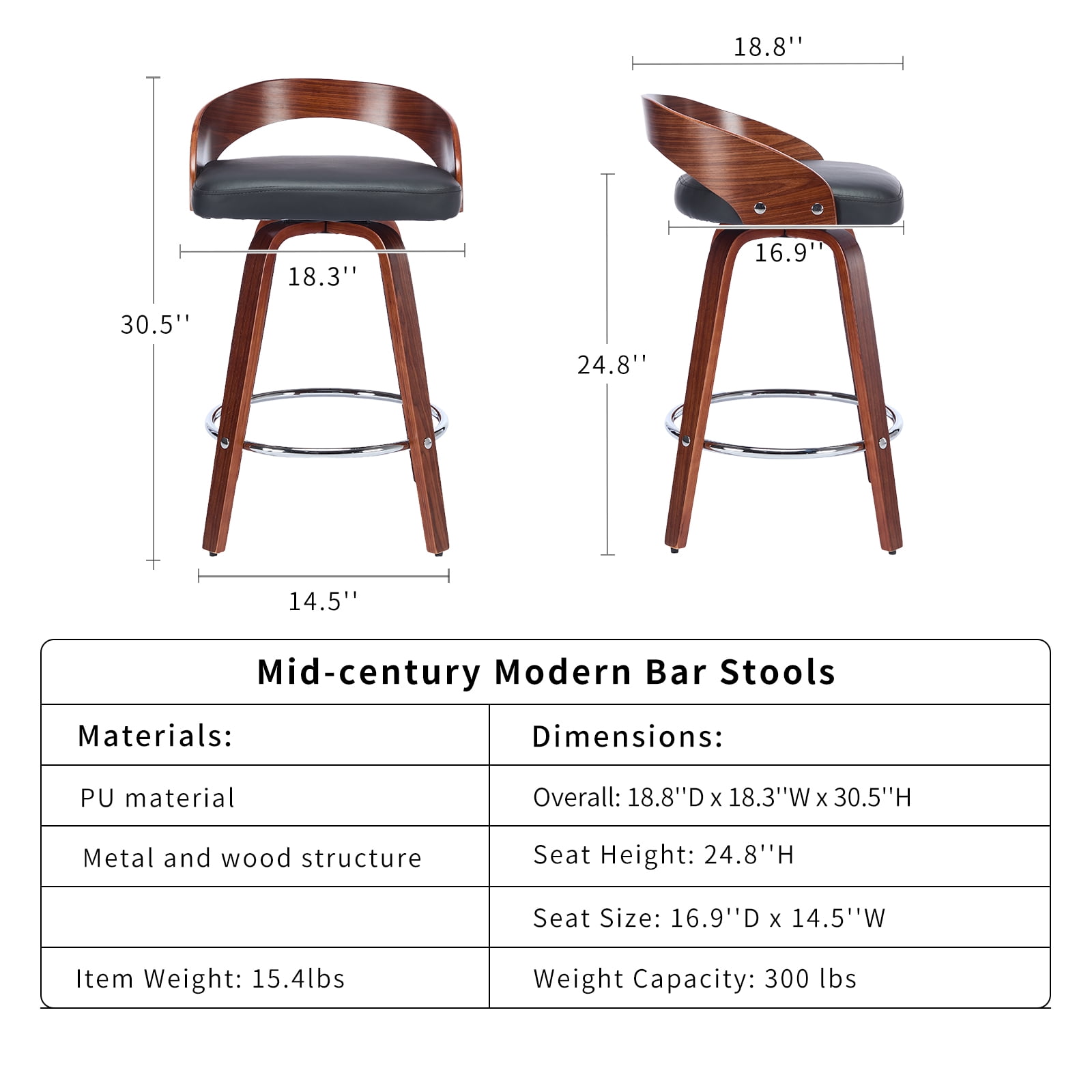 25" Counter Height Bar Stools Set of 4, Wood & PU Leather Counter Stools, Modern Swivel Bar Stools for Kitchen Counter Island, Barstool Chairs, Sillas Para Barra de Cocina (Black, 4 Pcs)