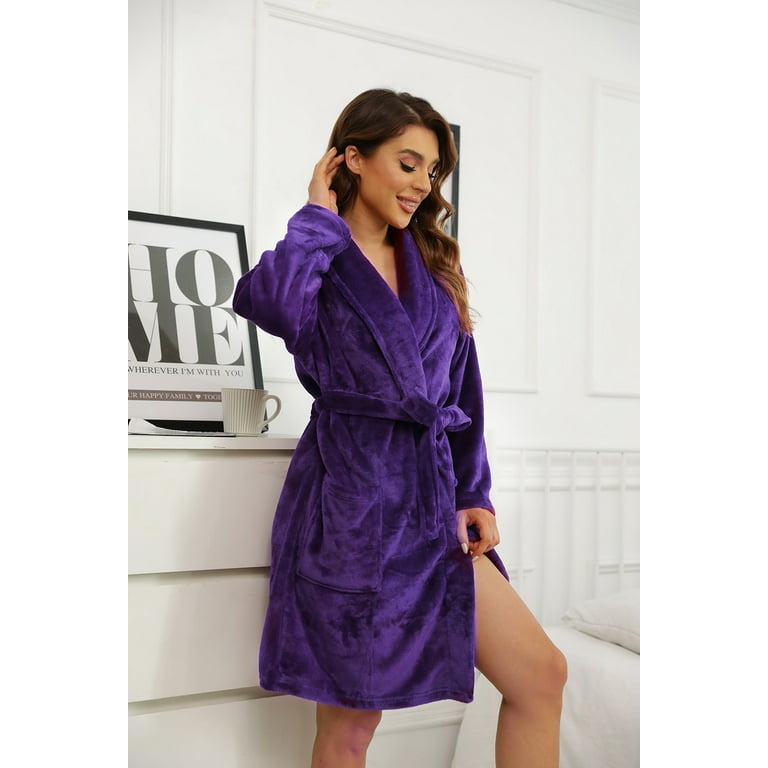 U2SKIIN Women Fleece Robe Short Cozy Plush Robes for Womens Soft Shawl Collar Warm Spa Bathrobe Dark Purple Small Medium Walmart