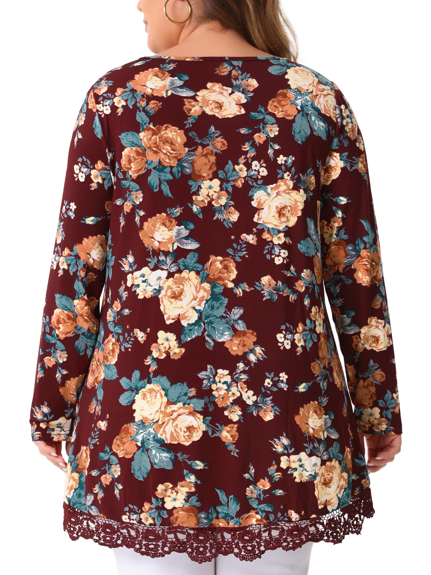 DARING DIVA Women's Plus Size Crew Neck Lace Trim A-Line Floral Blouse 4X Burgundy