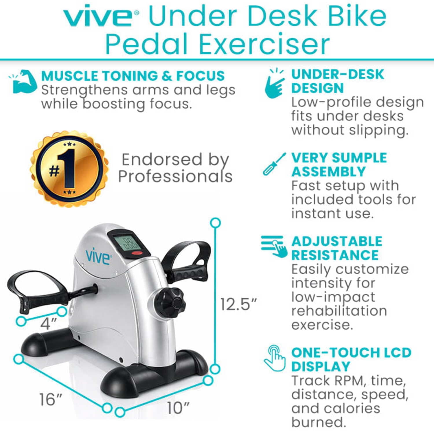 Vive Under Desk Bike Pedal Exerciser – Portable Mini Cycle for Legs and Arms, Low-Impact Stationary Pedal Machine for Home or Office