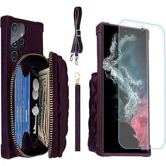 MONASAY Zipper Wallet Case Fit for Samsung Galaxy S22 Ultra 5G, [Screen Protector ][RFID Blocking]Flip Leather Handbag Phone Cover with Card Holder& Crossbody Shoulder Lanyard Strap