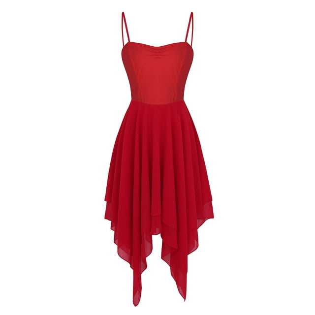 inhzoy Robe de Danse Lyrique pour Femmes en Chiffon Bretelles Spaghetti Asymétrique Robe de Bal Rouge P