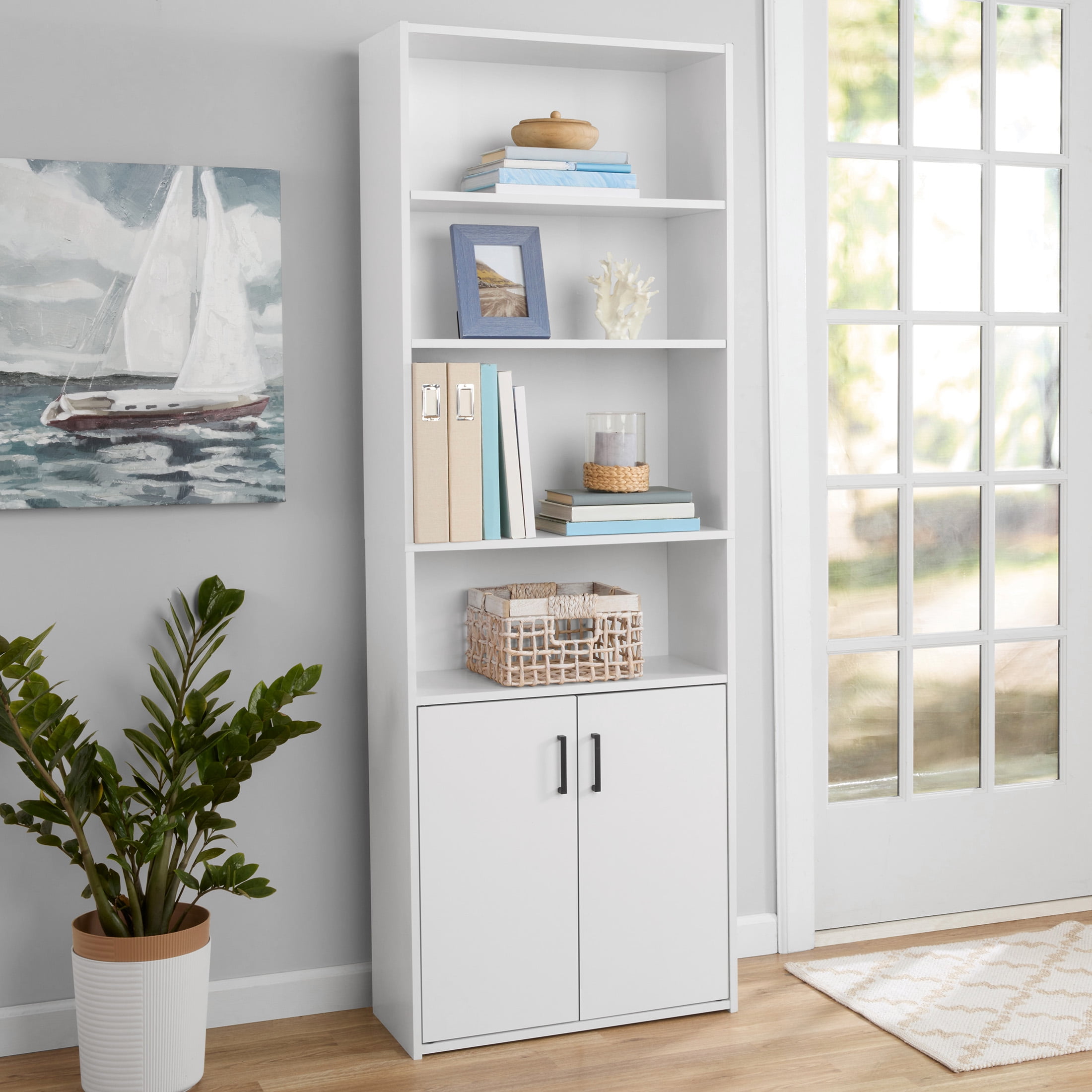 Mainstays Traditional 5 Shelf Bookcase with Doors, Soft White Finish  (图2)