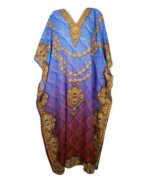Mogul Women Maxi Caftan Dress Blue Jewel Print Georgette Kimono MATERNITY Beach Cover Up Sleepwear Loose Long Evening Dresses 3XL