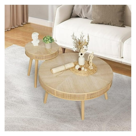 Farmhouse Coffee Table Set of 2, Round Rattan Side Tables, Rustic Living Room Coffee Tables, French Country Decor, Natural Finish
